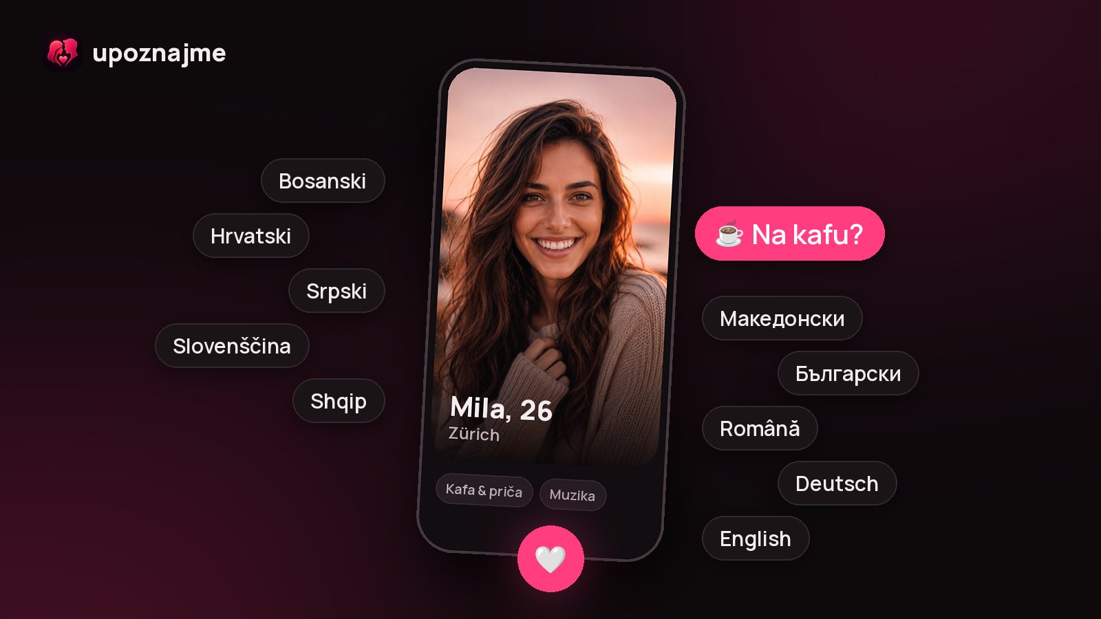 Die Dating-App Upoznajme auf dem Handy: Beispielprofil von Mila aus Zürich, rundherum die zehn Sprachen der App und die Frage „Na kafu?“